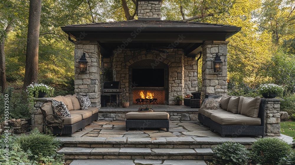 Cozy outdoor seating area with a fireplace surrounded by nature. Cozy outdoor seating area with a fireplace surrounded by nature.