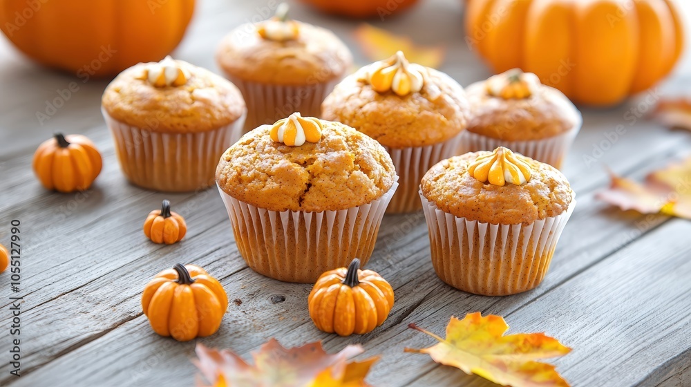 A rustic wooden table covered with freshly baked pumpkin spice muffins, surrounded by autumn leaves and small decorative pumpkins, showcasing the warm colors of the season. Product photography with A rustic wooden table covered with freshly baked pumpkin spice muffins, surrounded by autumn leaves and small decorative pumpkins, showcasing the warm colors of the season. Product photography with