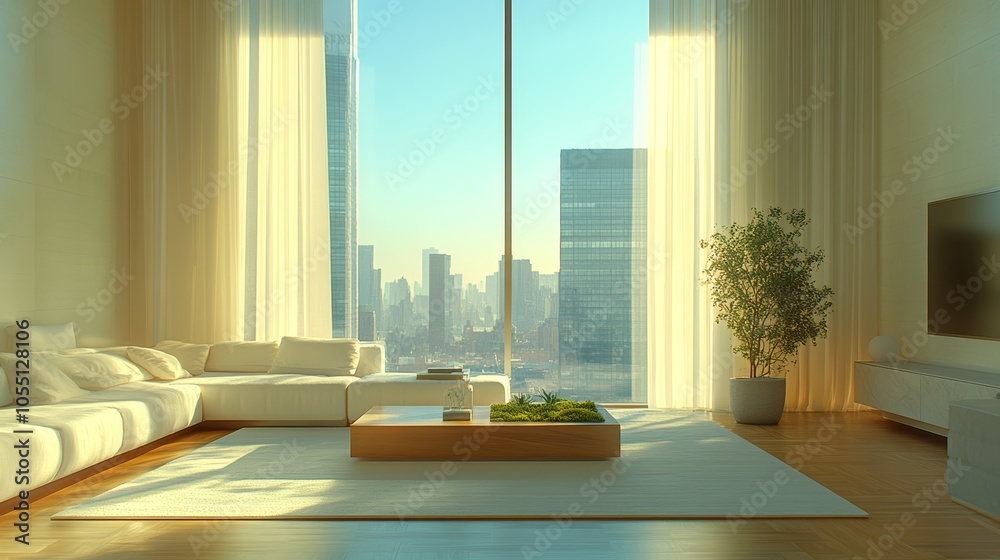 Fototapeta premium A modern living room with a large window overlooking a cityscape. The room is furnished with a white sectional sofa, a coffee table, and a potted plant.