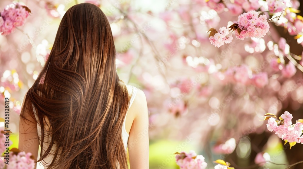 Fototapeta premium Beautiful young woman with long curly blonde hair from behind holding blooming branch of sakura tree
