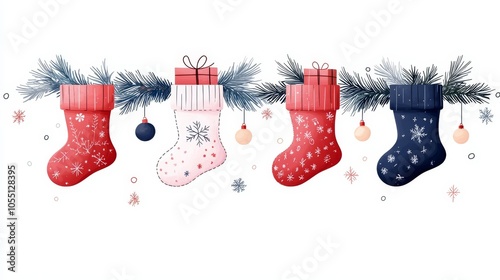 Christmas stockings with gifts, fireplace garlanded with pine and twinkling lights, vibrant holiday card, digital illustration, isolated on white background