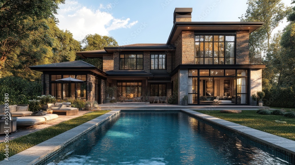 Modern home with pool surrounded by greenery in a tranquil setting.