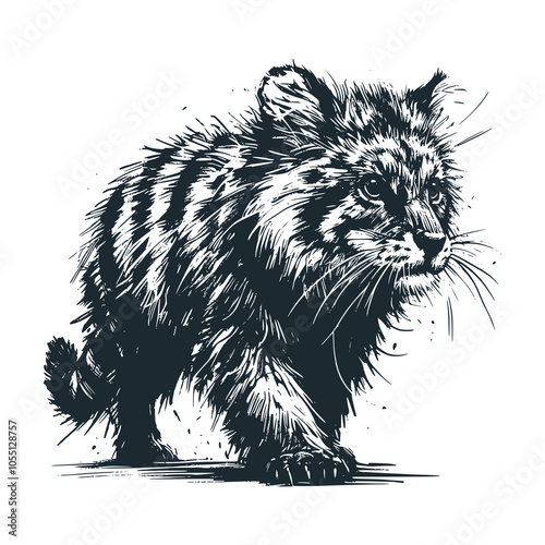 Tiger cub. black white vector illustration.