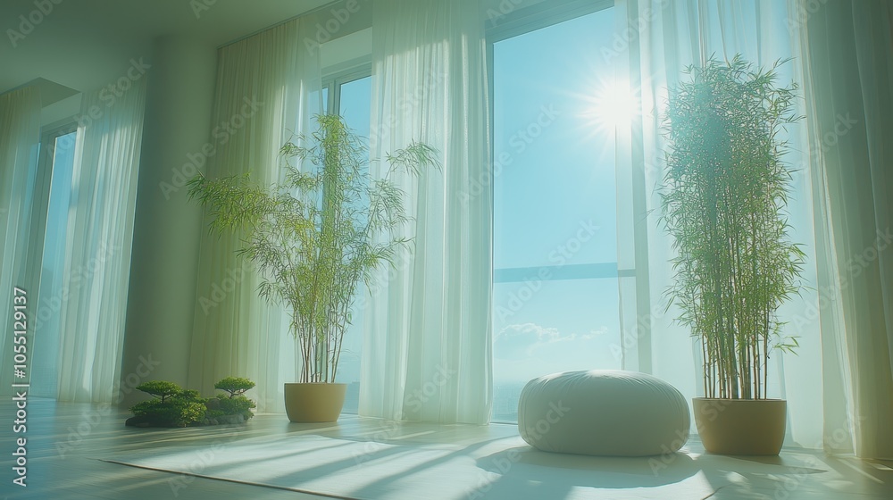 Fototapeta premium A modern living room with large windows, white curtains, potted bamboo plants, and a white beanbag chair.