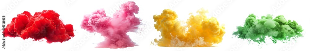 Collection of yellow, green, pink, red smokes or clouds isolated on white or transparent background Collection of yellow, green, pink, red smokes or clouds isolated on white or transparent background