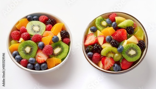 top view of two bowl of healthy food, salad, Summery Delight: Vibrant Fruit Salad in a Pink Bowl - Top View on white background table