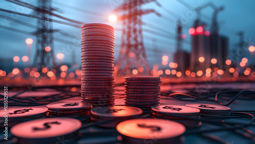 Stacks of coins in front of a power plant at dusk, symbolizing the cost of energy.