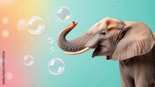 A large, grey elephant with long tusks and big ears blows bubbles in the air