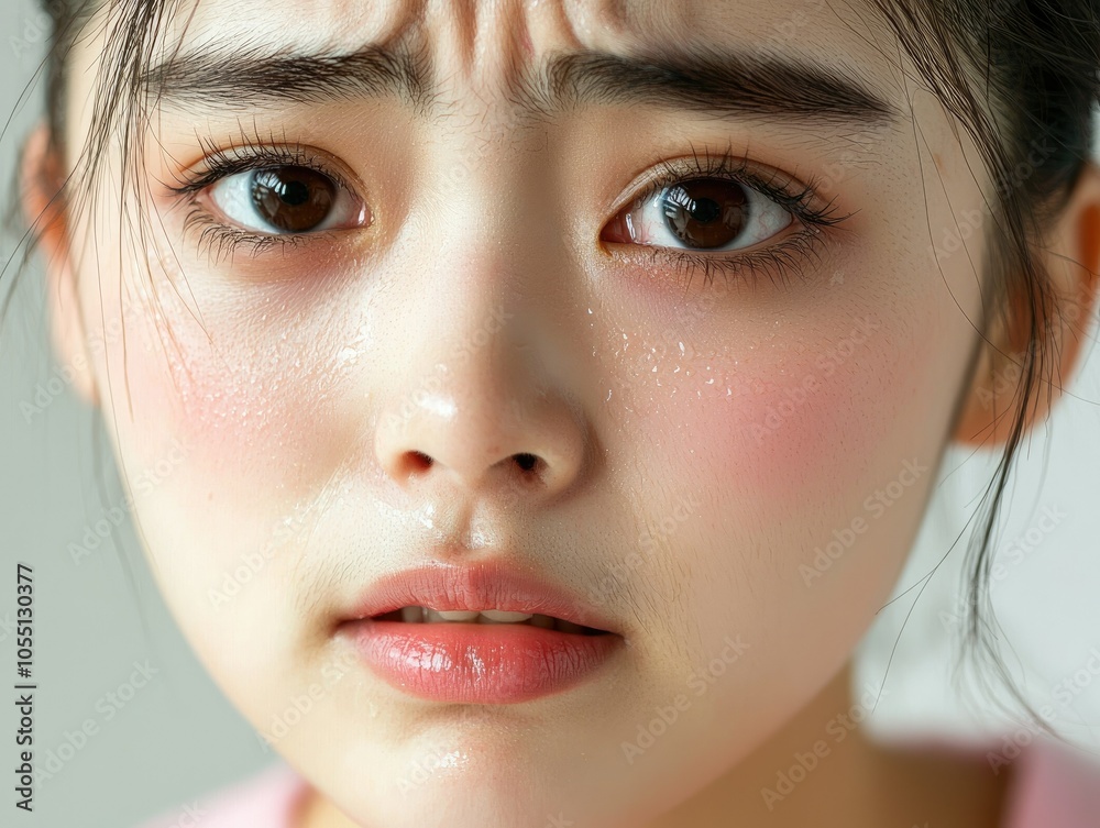 Tearful Asian Teenager with Pale Skin and Emotional Expression