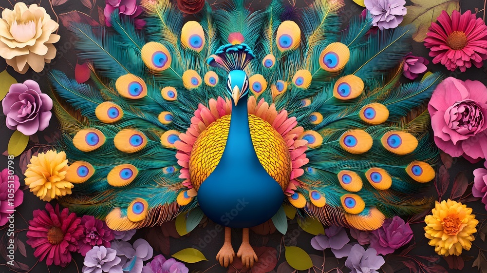 Vibrant peacock surrounded by colorful flowers Vibrant peacock surrounded by colorful flowers
