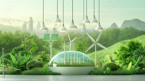 Green energy, futuristic power grid, renewable resources, 3D illustration