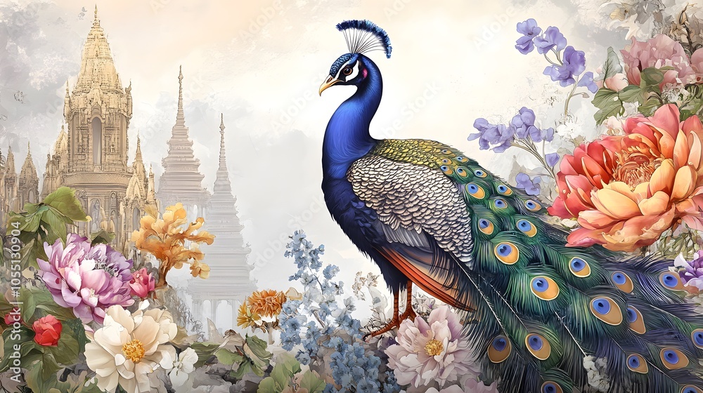 Fototapeta premium Majestic peacock amidst floral splendor and ancient architecture