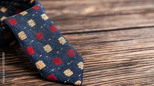 Woven tie with corn and pilgrim hat icons, lowangle closeup on plaid shirt photo