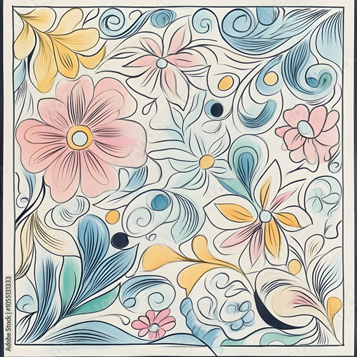 Geometric and Organic Doodle Tile and Carpet Designs with White Borders | Hand-drawn, Abstract, Floral, and Symmetrical Patterns in Soft Pastel and Earth Tones