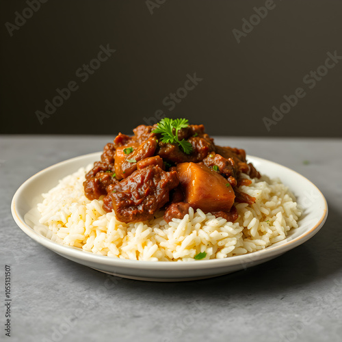 Side view pilaf with stewed beef meat on a plate