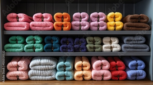 Colorful stacked towels neatly arranged on shelves.