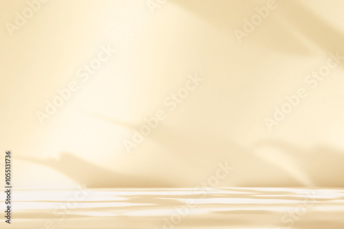 Fototapeta Naklejka Na Ścianę i Meble -  Abstract beige color gradient studio background for product presentation. Empty room with shadows of window and flowers and plant leaves . 3d ivory room with copy space. Blurred backdrop.