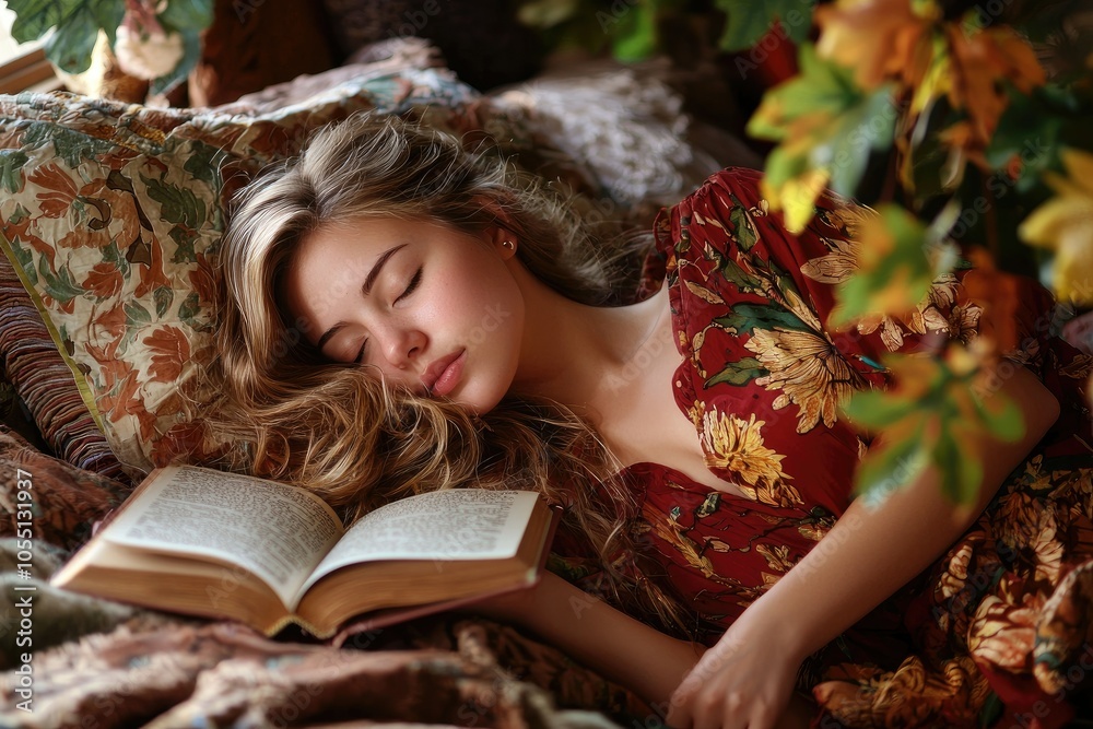 Young Woman Sleeping Peacefully With Open Book Young Woman Sleeping Peacefully With Open Book