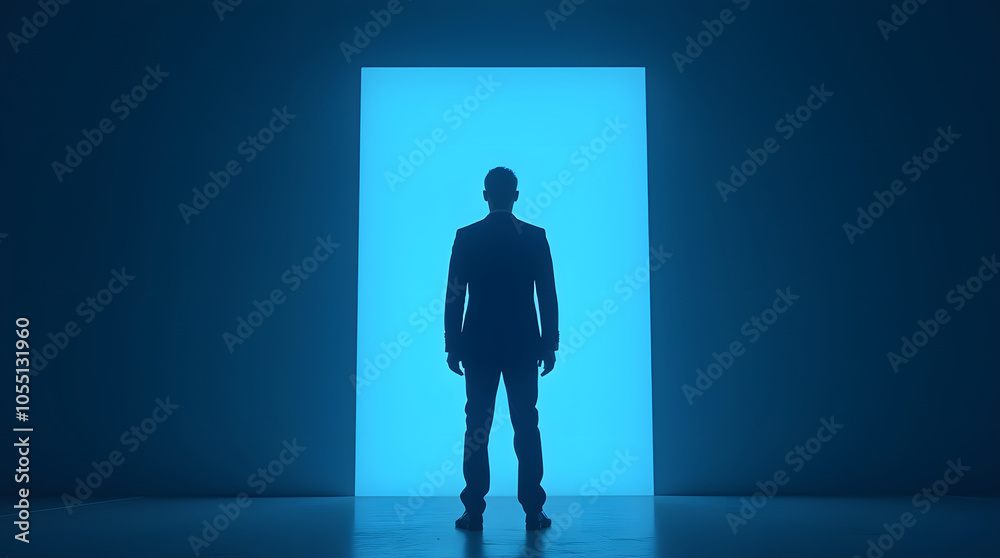 Silhouette of a businessman standing in front of a door with light coming through it Silhouette of a businessman standing in front of a door with light coming through it