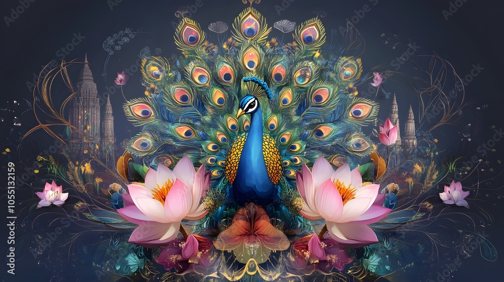 Majestic peacock surrounded by lotus blossoms