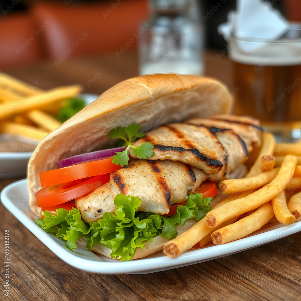 Side view doner with grilled chicken greens lettuce tomato and French fries on the table Side view doner with grilled chicken greens lettuce tomato and French fries on the table