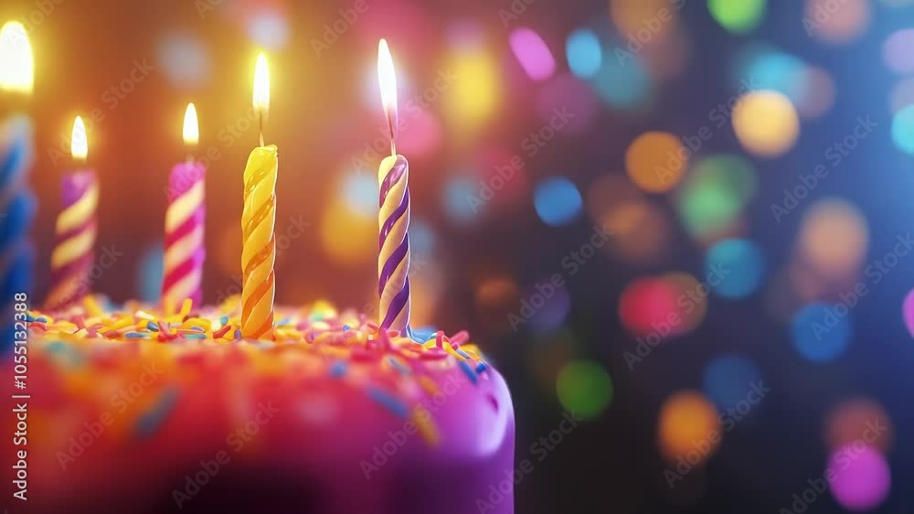 Birthday festive cake with lit candles and colorful sprinkles and confetti. Perfect for celebratory greetings for kids and adults alike. Birthday festive cake with lit candles and colorful sprinkles and confetti. Perfect for celebratory greetings for kids and adults alike.