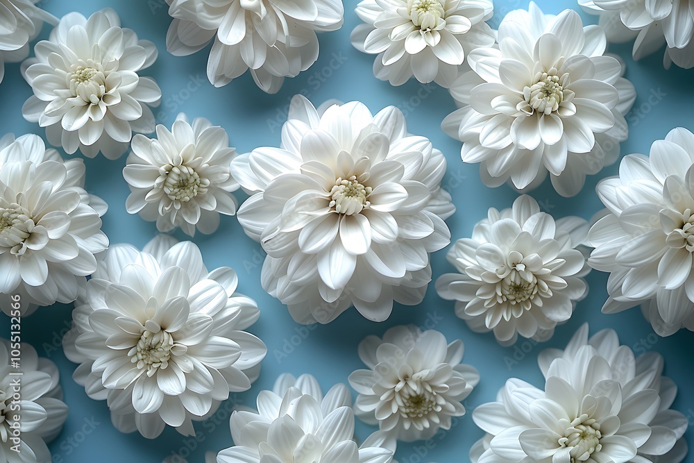Elegant White Dahlia Flowers on Soft Blue Background for Nature-Themed Designs