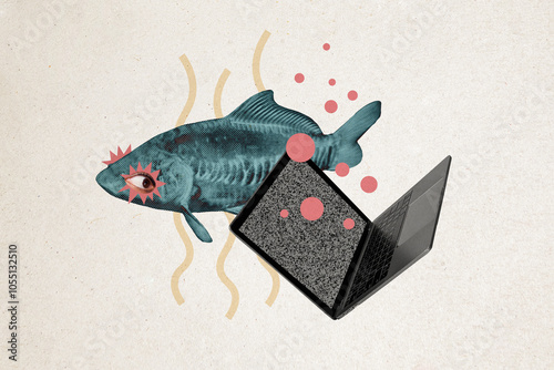 Fototapeta Naklejka Na Ścianę i Meble -  Composite photo collage of wild fish animal swim ocean broke laptop device big human eyeballs stare sea isolated on painted background