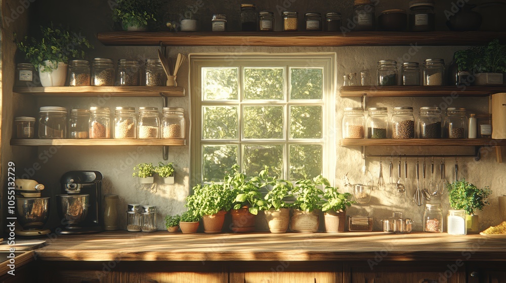 A rustic kitchen with wooden shelves filled with jars, a window overlooking a garden, and a countertop with potted plants. A rustic kitchen with wooden shelves filled with jars, a window overlooking a garden, and a countertop with potted plants.