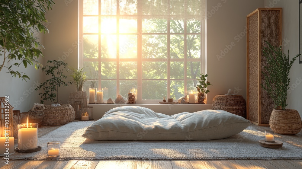A serene meditation room with a large window, a white cushion, candles, and plants. A serene meditation room with a large window, a white cushion, candles, and plants.