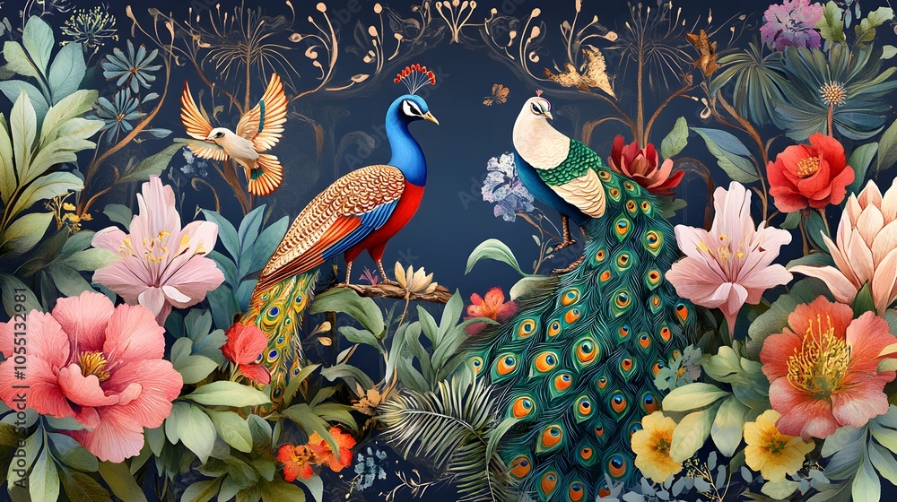 Vibrant peacocks amidst floral splendor Vibrant peacocks amidst floral splendor