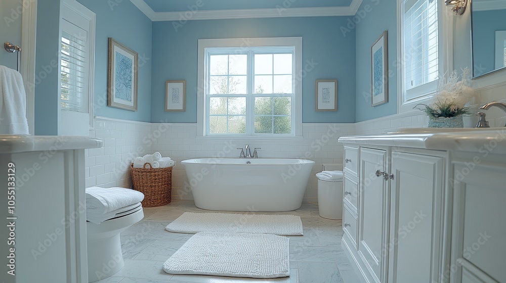 A spacious and modern bathroom with a white bathtub, double vanity, and blue walls. A spacious and modern bathroom with a white bathtub, double vanity, and blue walls.
