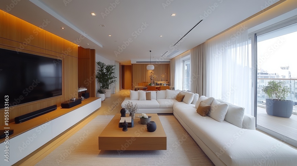 A spacious and modern living room with a large sectional sofa, a coffee table, a flat-screen TV, and large windows overlooking a city view. A spacious and modern living room with a large sectional sofa, a coffee table, a flat-screen TV, and large windows overlooking a city view.