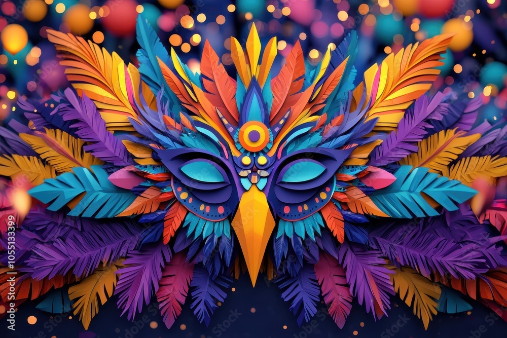 Obraz premium A vibrant, colorful mask adorned with feathers, evoking a festive and artistic atmosphere.