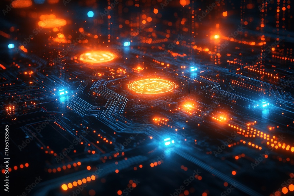 Glowing orange and blue circuit board with futuristic design. Glowing orange and blue circuit board with futuristic design.