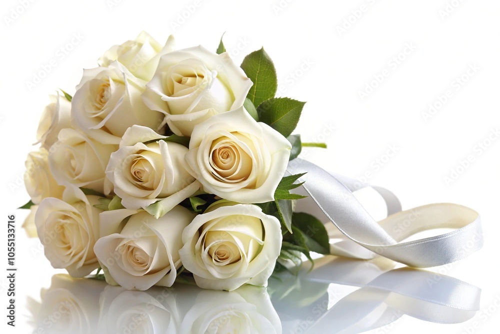 White Rose bouquet with ribbon isolated on white background in depth of field White Rose bouquet with ribbon isolated on white background in depth of field