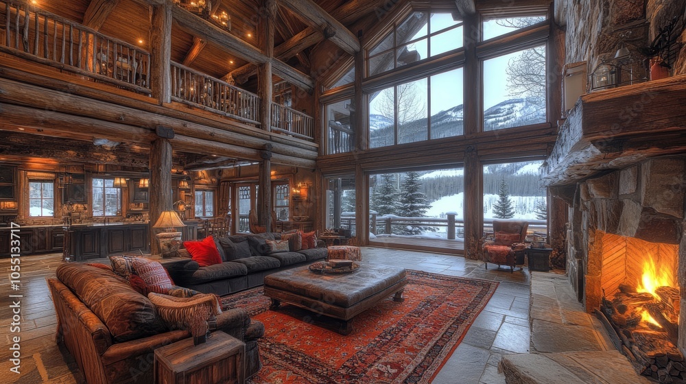 A spacious living room with a large fireplace, a couch, and a view of a snowy mountain range. A spacious living room with a large fireplace, a couch, and a view of a snowy mountain range.