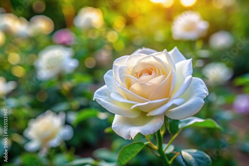 White Rose flower on blurred background of white roses in a garden