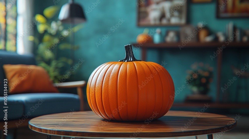 A vibrant pumpkin on a wooden table in a cozy living room. A vibrant pumpkin on a wooden table in a cozy living room.