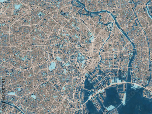 Canvas Print Painterly Style City Map of Tokyo, Japan in a Blue Color Scheme.