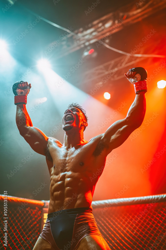 Fototapeta premium MMA fighter celebrating victory in octagon cage after fight