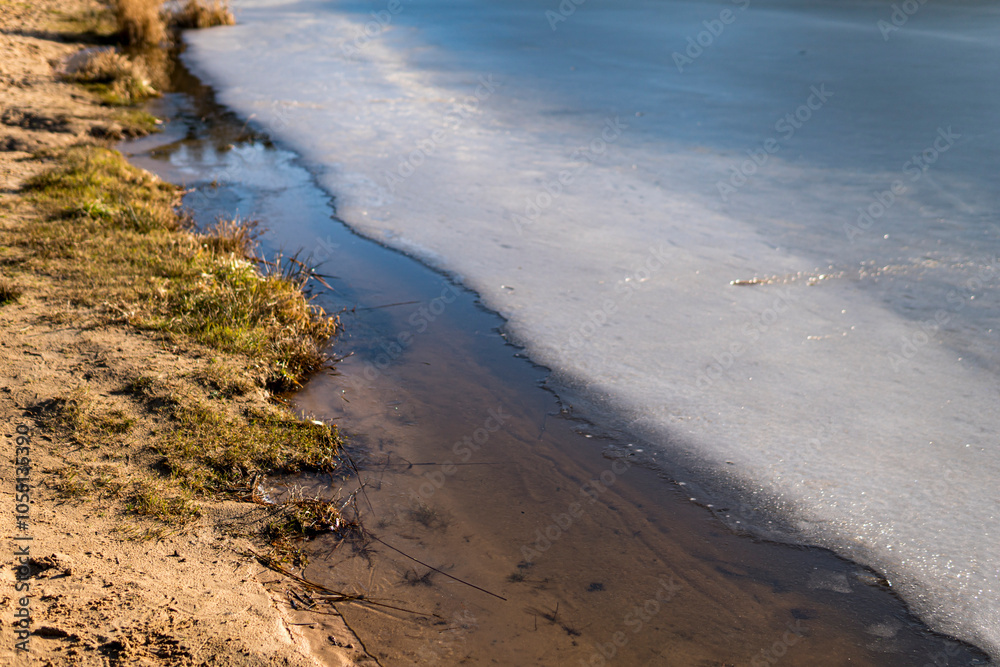 Remains of ice cover on small lake during winter season Remains of ice cover on small lake during winter season