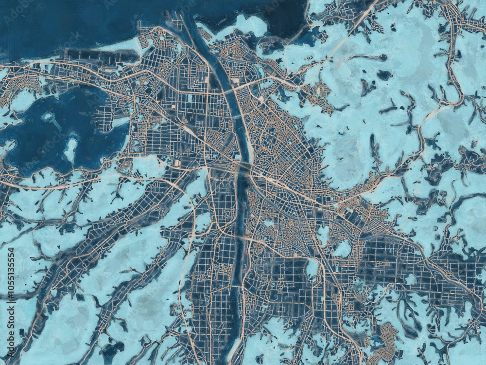 Fototapeta premium Painterly Style City Map of Tottori, Japan in a Blue Color Scheme.