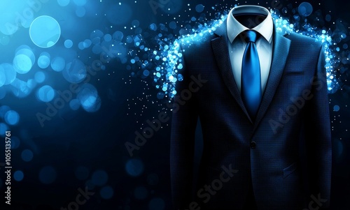 Abstract illustration of a digital blue suit and tie symbolizing business technology