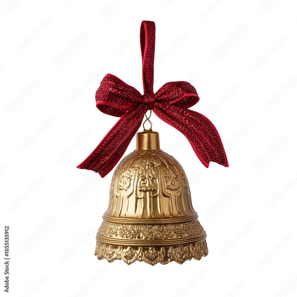 Golden Christmas bell with a red ribbon, white background PNG Golden Christmas bell with a red ribbon, white background PNG