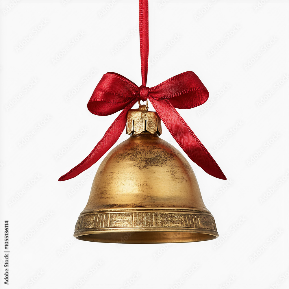 Golden Christmas bell with a red ribbon, white background PNG Golden Christmas bell with a red ribbon, white background PNG