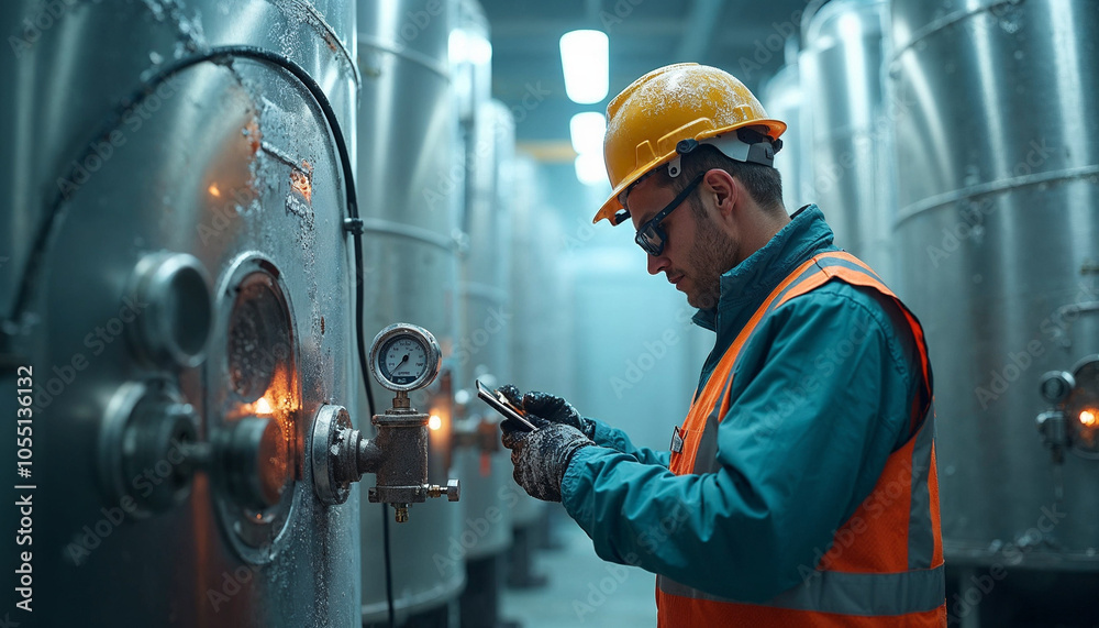 A technician inspects cryogenic storage tanks of liquefied natural gas, highlighting safety and precision.
A technician inspects cryogenic storage tanks of liquefied natural gas, highlighting safety and precision.