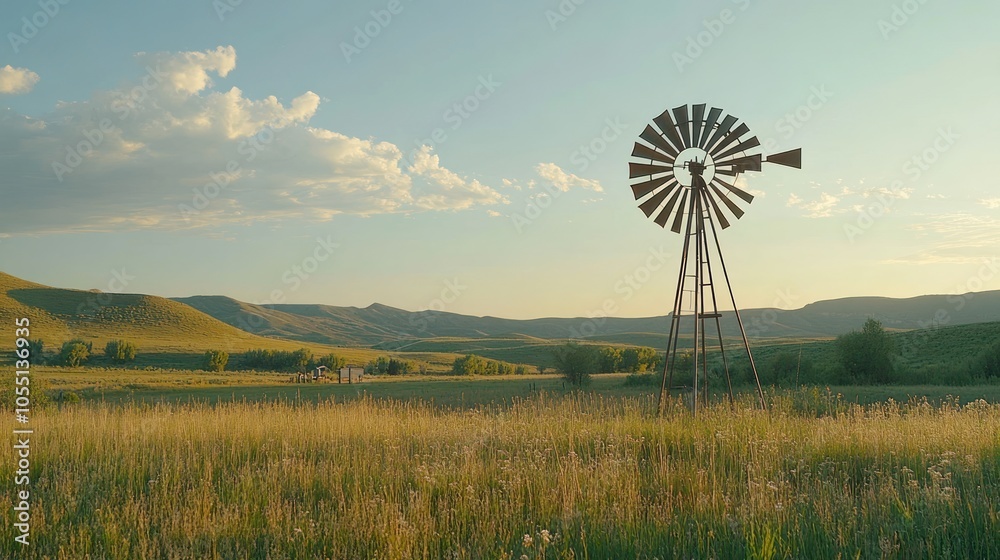 A serene landscape featuring a windmill amidst rolling hills and tall grass under a sunset sky. A serene landscape featuring a windmill amidst rolling hills and tall grass under a sunset sky.