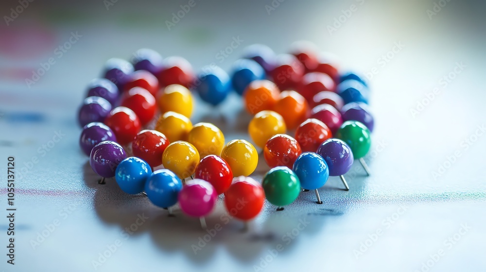 Colorful push pins arranged in a heart shape on a whiteboard, vibrant colors with sharp focus, ideal for creative concepts Colorful push pins arranged in a heart shape on a whiteboard, vibrant colors with sharp focus, ideal for creative concepts