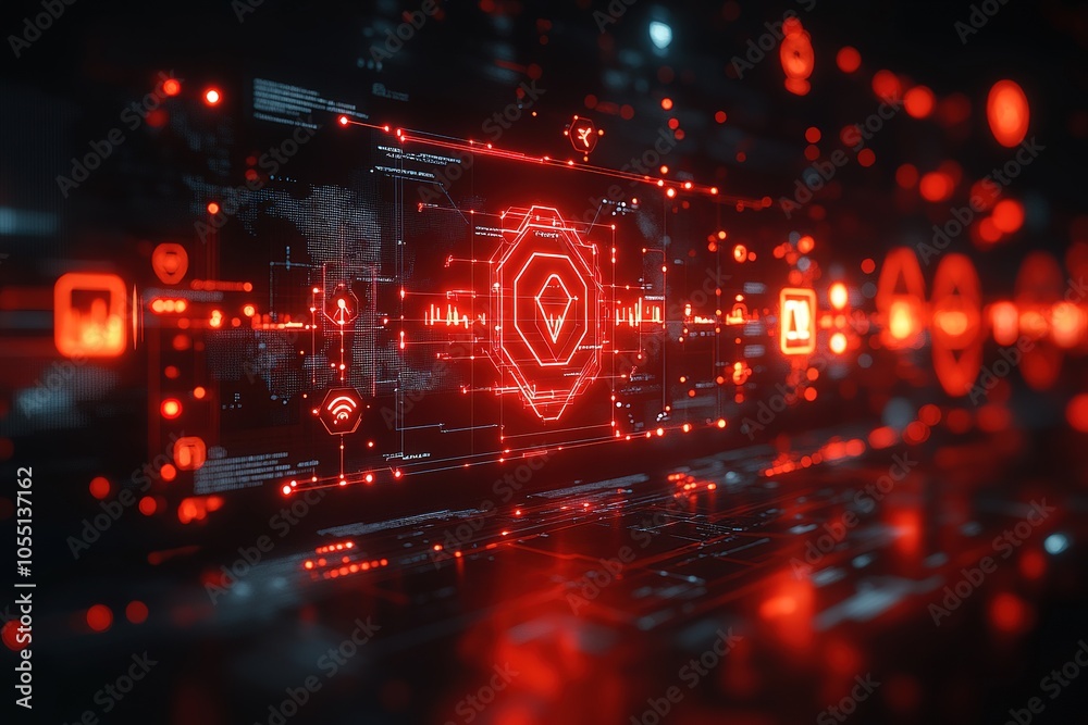 Obraz premium Red glowing digital interface with a map and data visualizations.